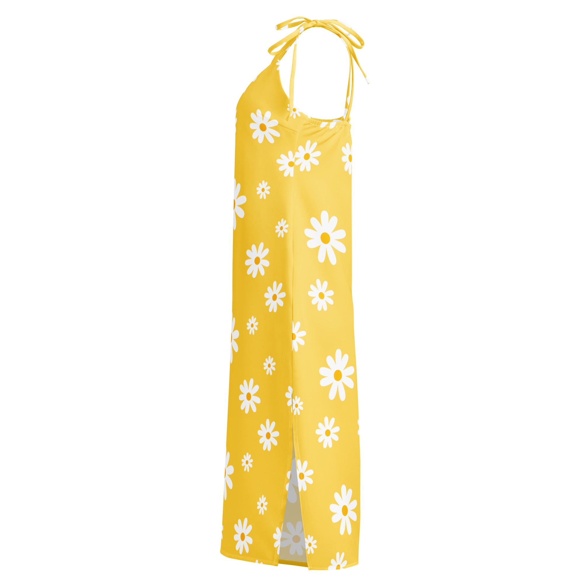 A vibrant yellow halter-neck maxi dress with white daisies featuring adjustable tie straps and built-in bra