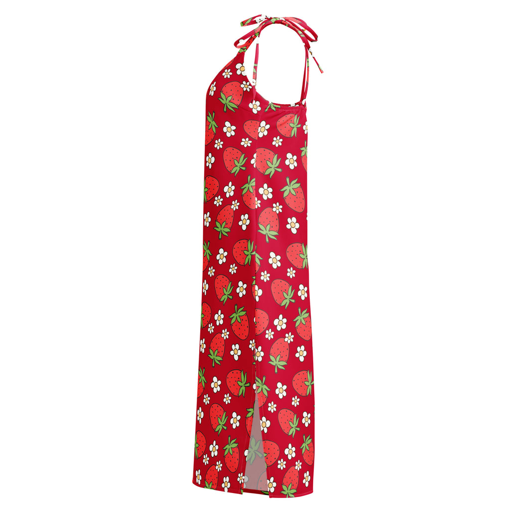 A vibrant red women’s midi slip dress with adjustable tie straps and built in bra featuring strawberry and flower patterns