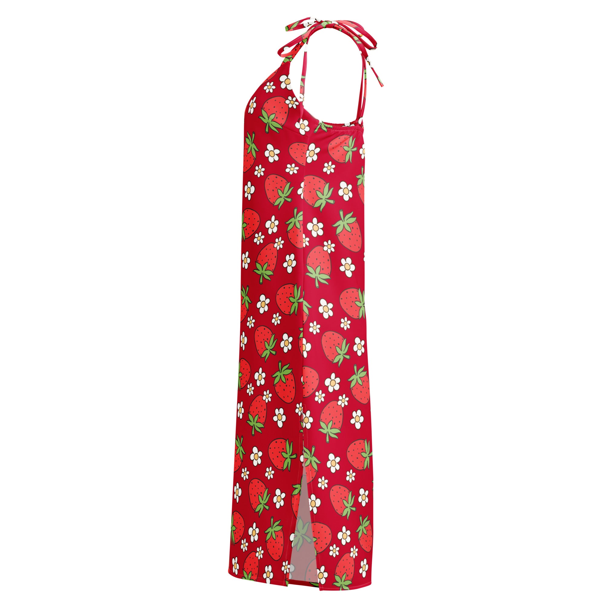 A vibrant red women’s midi slip dress with adjustable tie straps and built in bra featuring strawberry and flower patterns