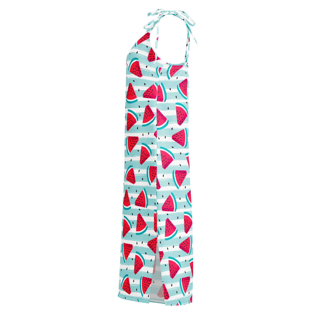 Women’s watermelon stripe slip dress midi dress with adjustable tie straps in light blue and white stripes with red watermelon slices