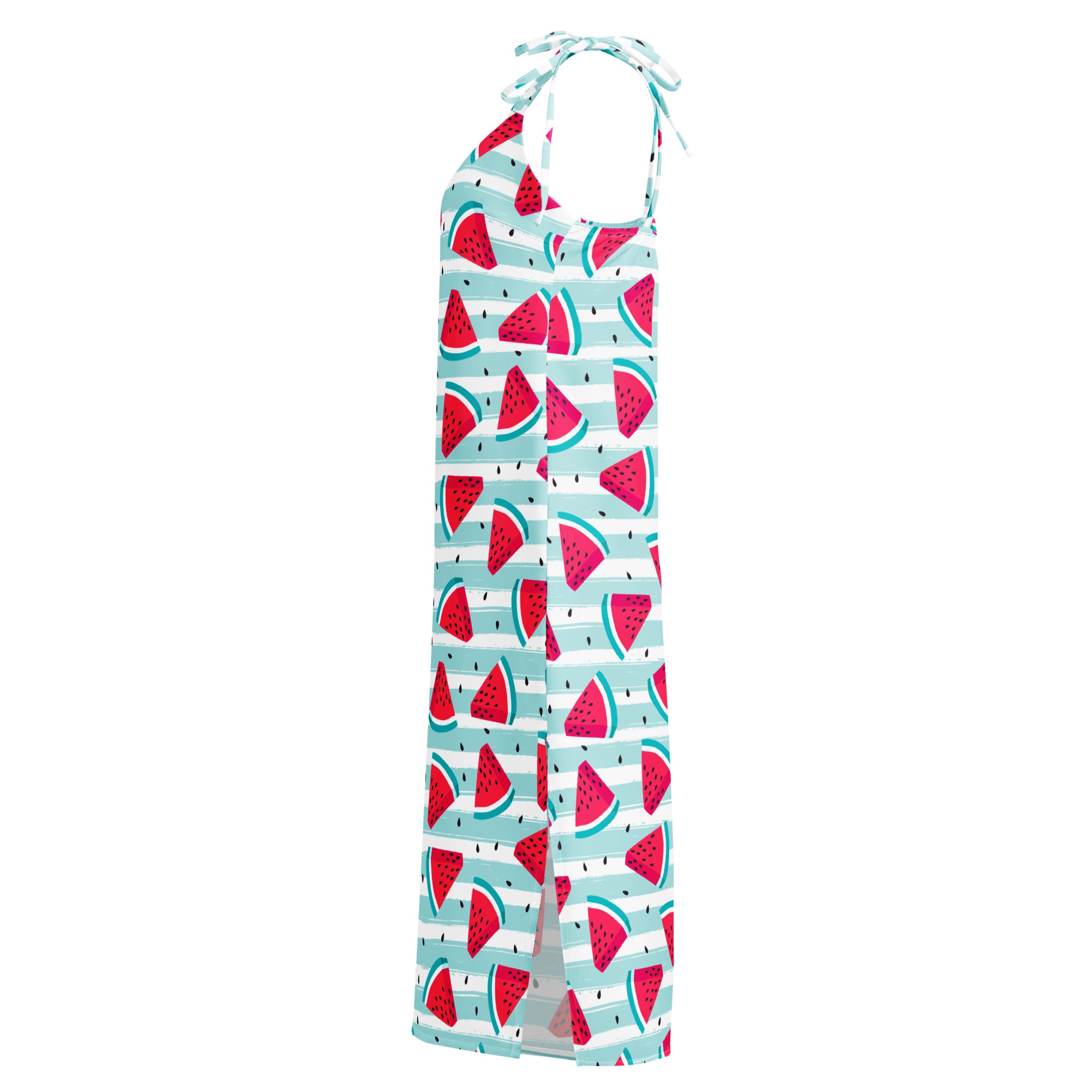 Women’s watermelon stripe slip dress midi dress with adjustable tie straps in light blue and white stripes with red watermelon slices