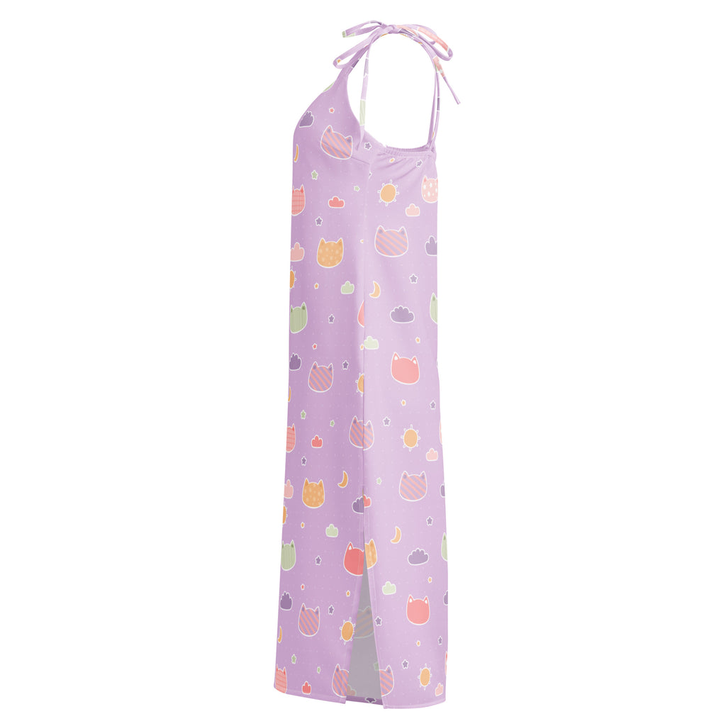 Lavender halter neck midi slip dress with pastel kawaii cat faces clouds moons adjustable tie straps built in bra