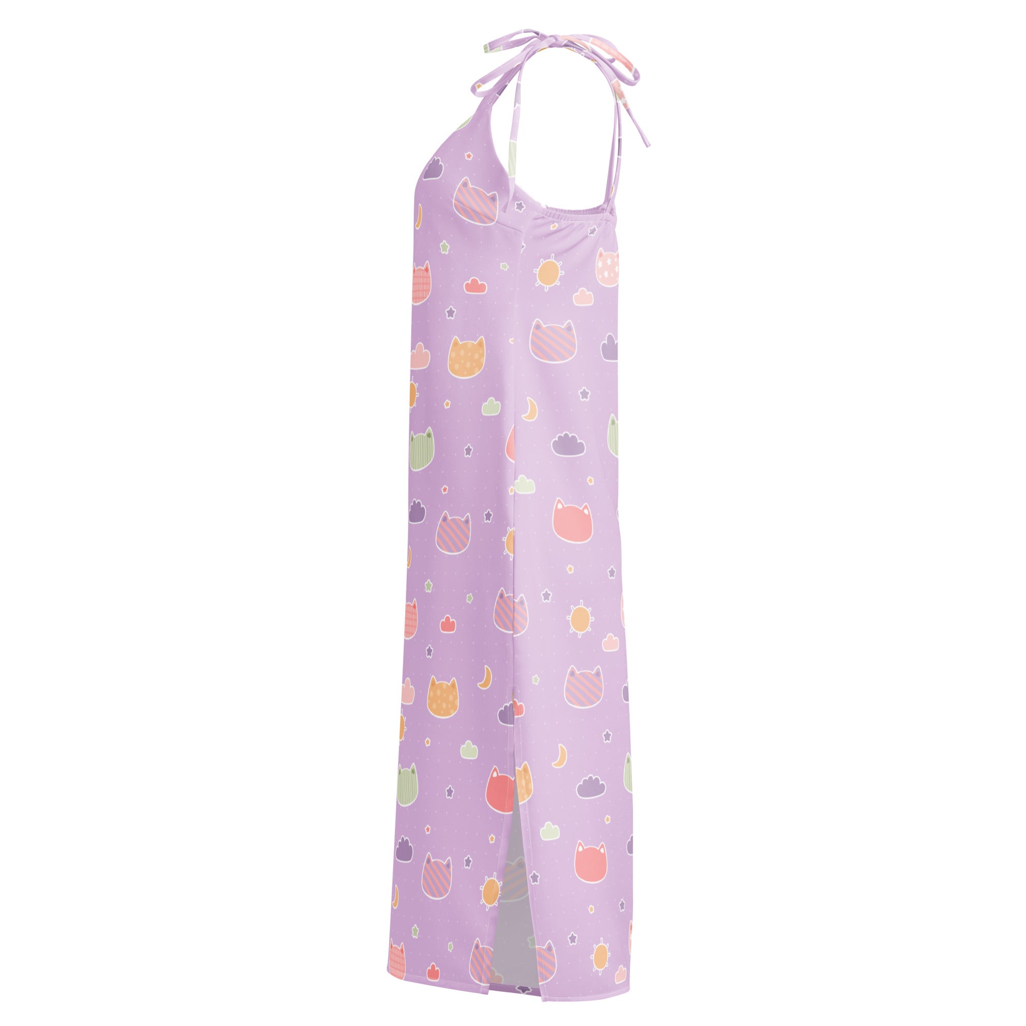 Lavender halter neck midi slip dress with pastel kawaii cat faces clouds moons adjustable tie straps built in bra