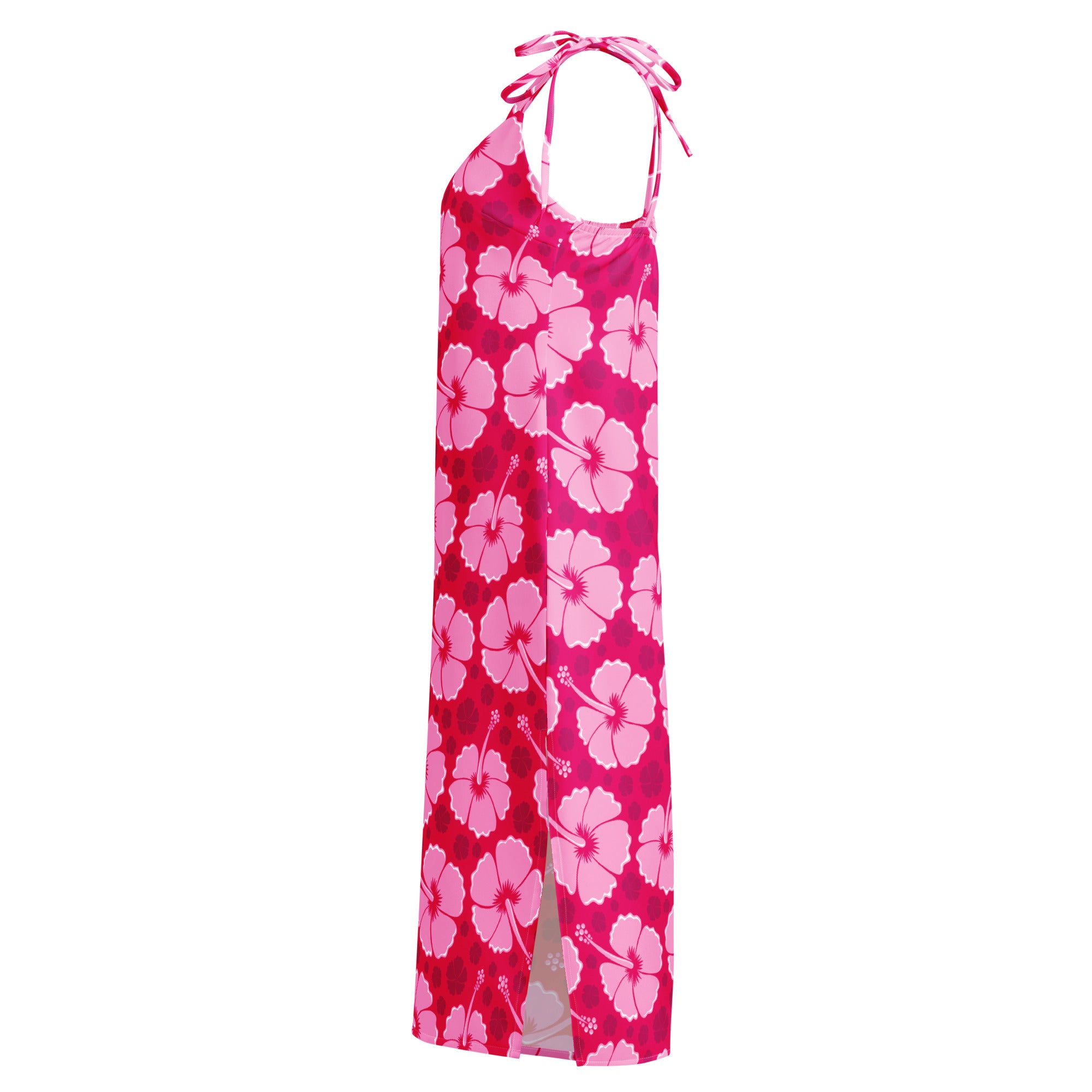 Women’s tropical pink hibiscus slip dress midi with adjustable tie halter neck straps and bold floral pattern
