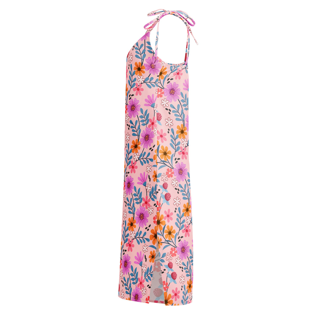 Women’s pink floral slip dress midi dress with adjustable tie straps built in bra featuring vibrant purple orange and blue flowers