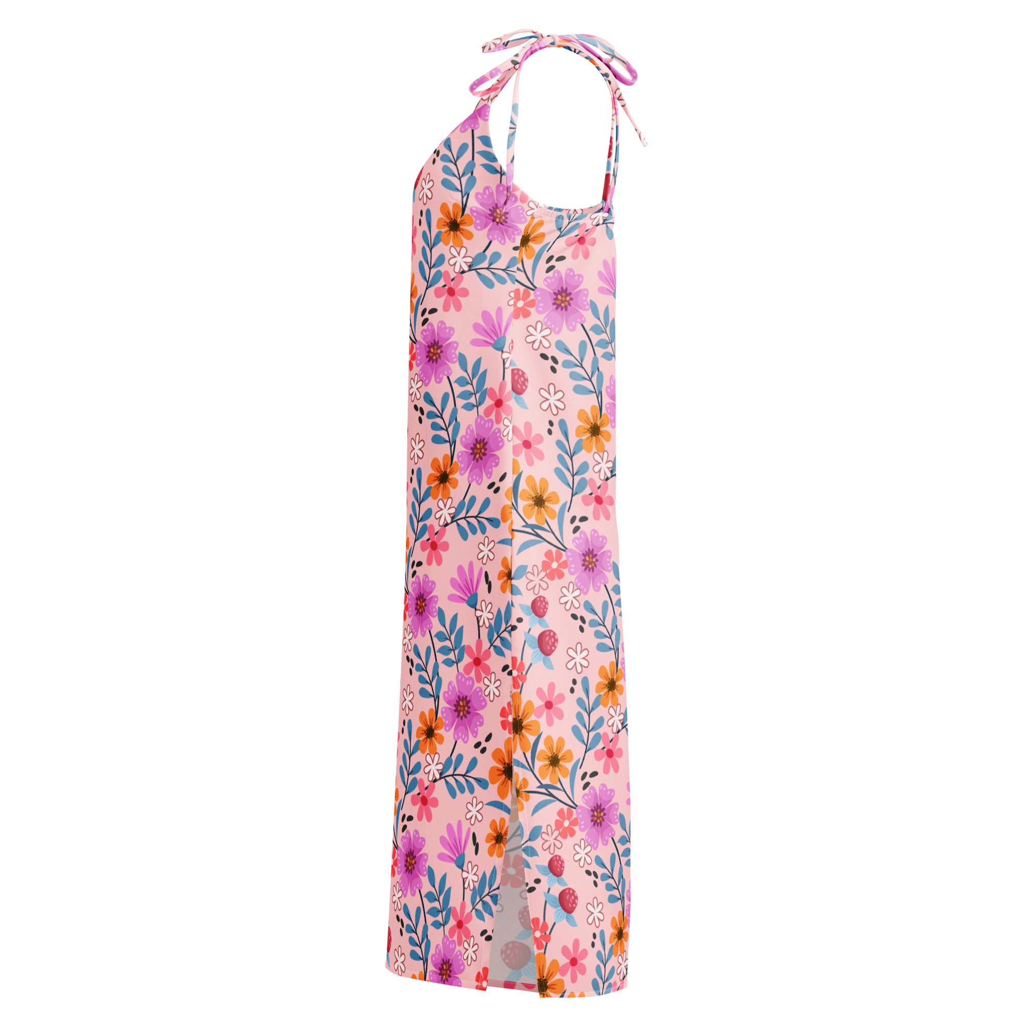 Women’s pink floral slip dress midi dress with adjustable tie straps built in bra featuring vibrant purple orange and blue flowers