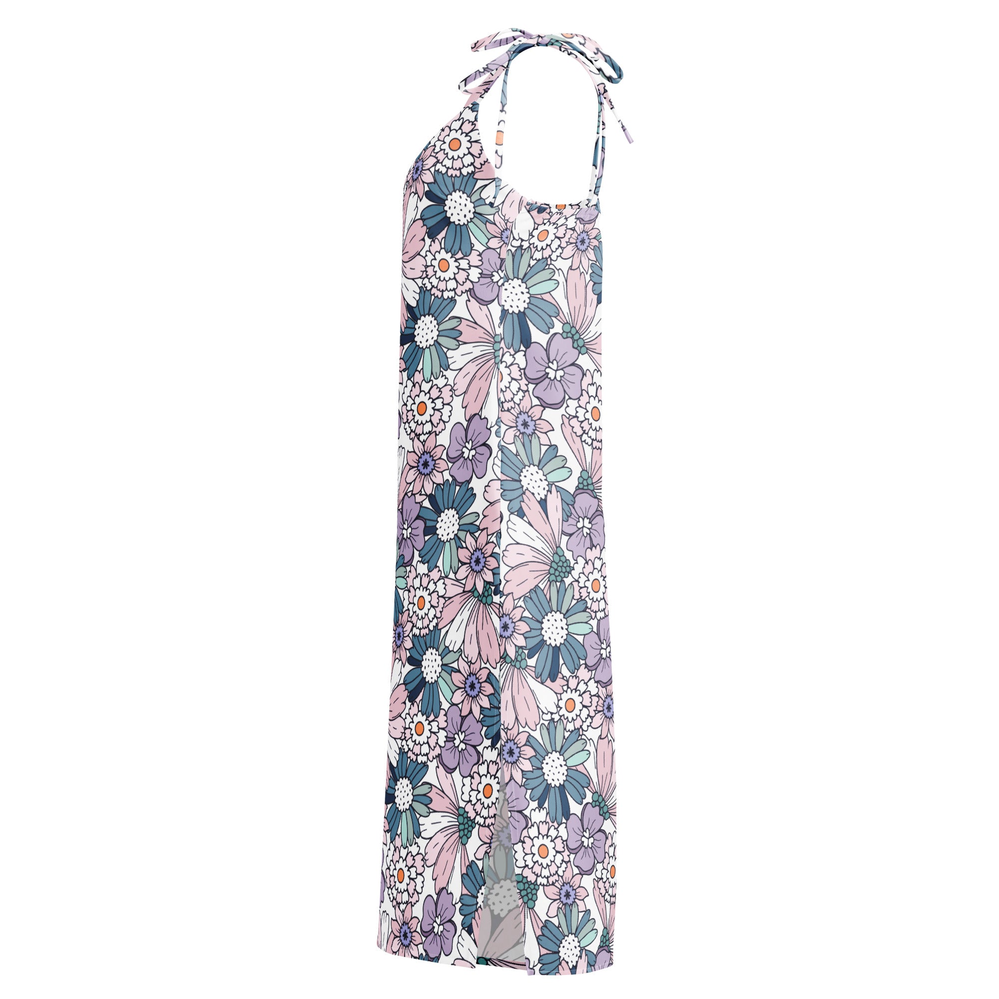 A flowing halter-neck maxi dress with vibrant pink purple and teal floral pattern on white for women