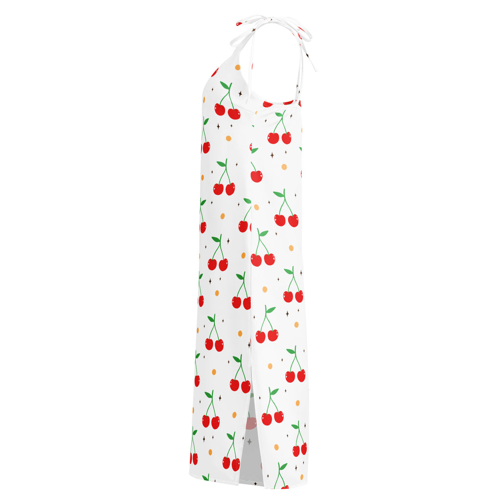 Women’s white cherry print slip midi dress with adjustable halter tie straps and built-in bra detail