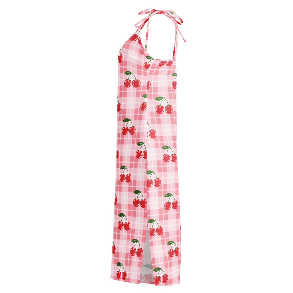 Women’s pink cherry gingham slip dress midi dress with adjustable tie straps and built in bra with red cherry pattern