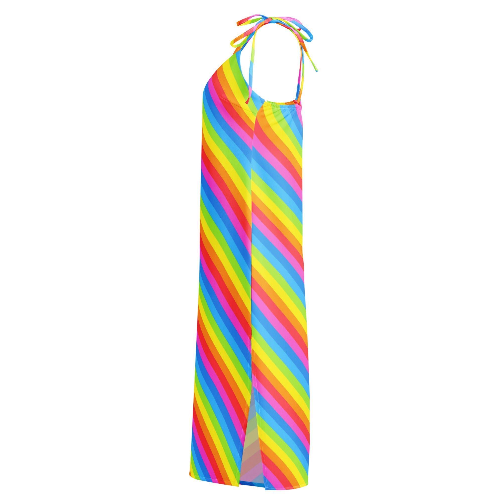 Women’s rainbow stripe slip dress midi dress with adjustable tie straps flowing lightweight fabric diagonal stripes