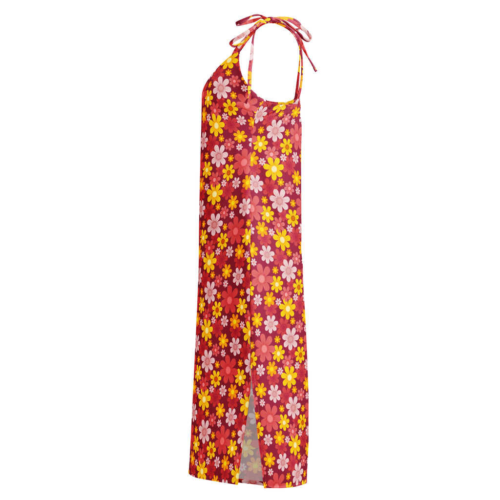 Women’s red floral slip midi dress with adjustable tie straps built in bra vibrant yellow and pink flower pattern