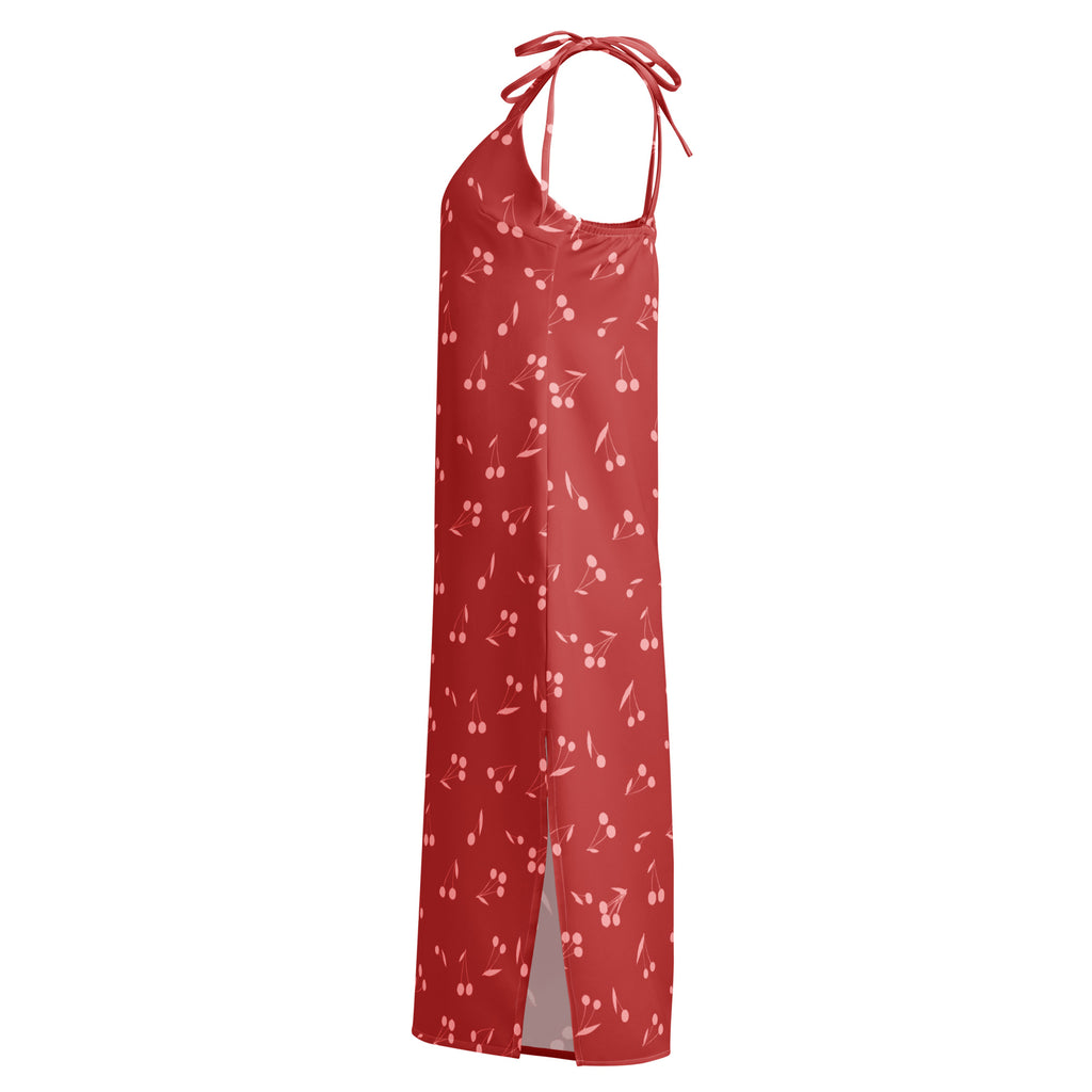 Women’s red cherry print halter midi slip dress with thin adjustable tie straps side slit and built in bra