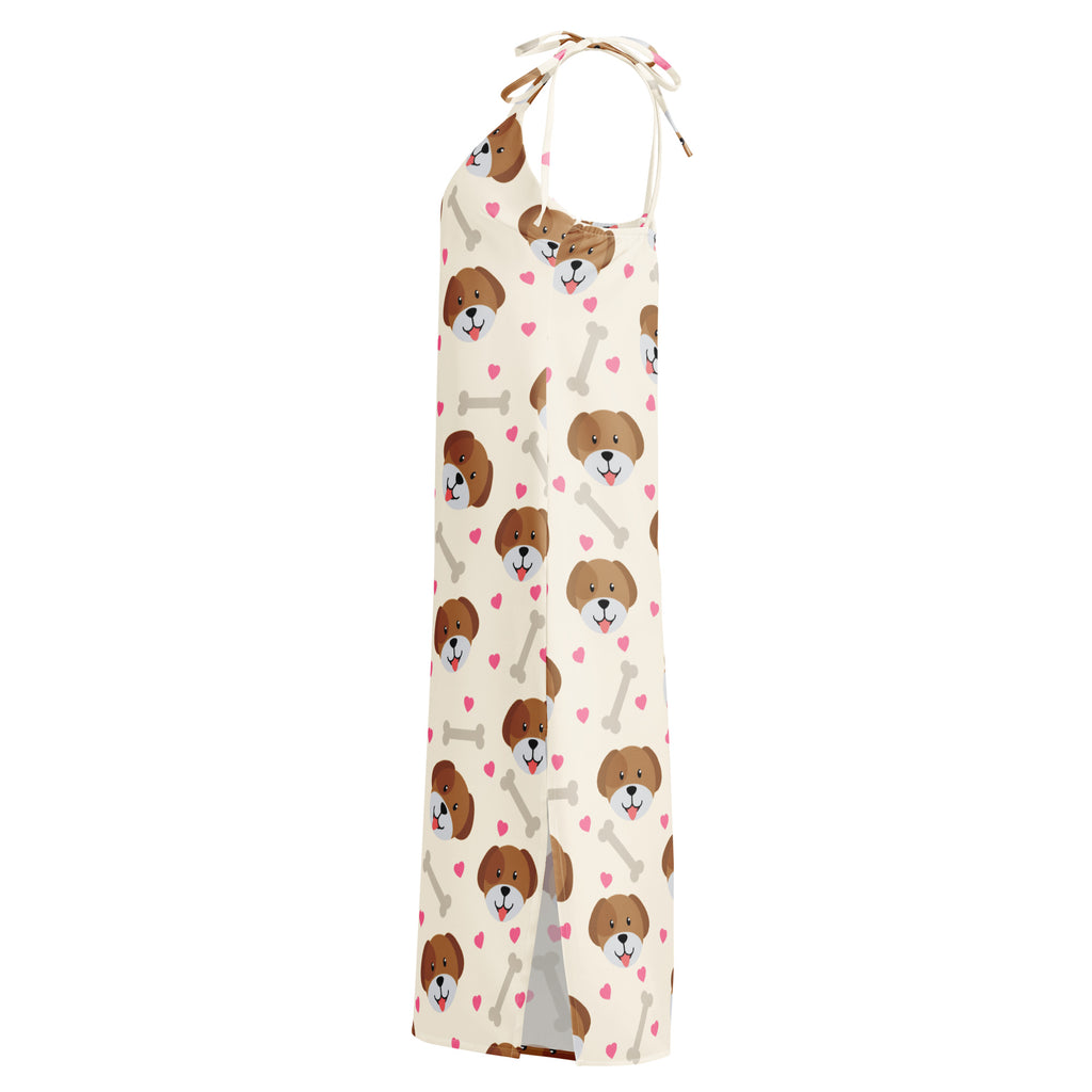 Women’s cream halter neck slip dress with playful brown dog faces pink hearts gray bones and adjustable tie straps