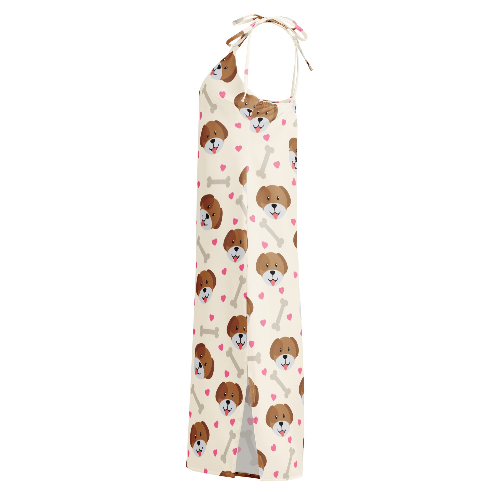 Women’s cream halter neck slip dress with playful brown dog faces pink hearts gray bones and adjustable tie straps