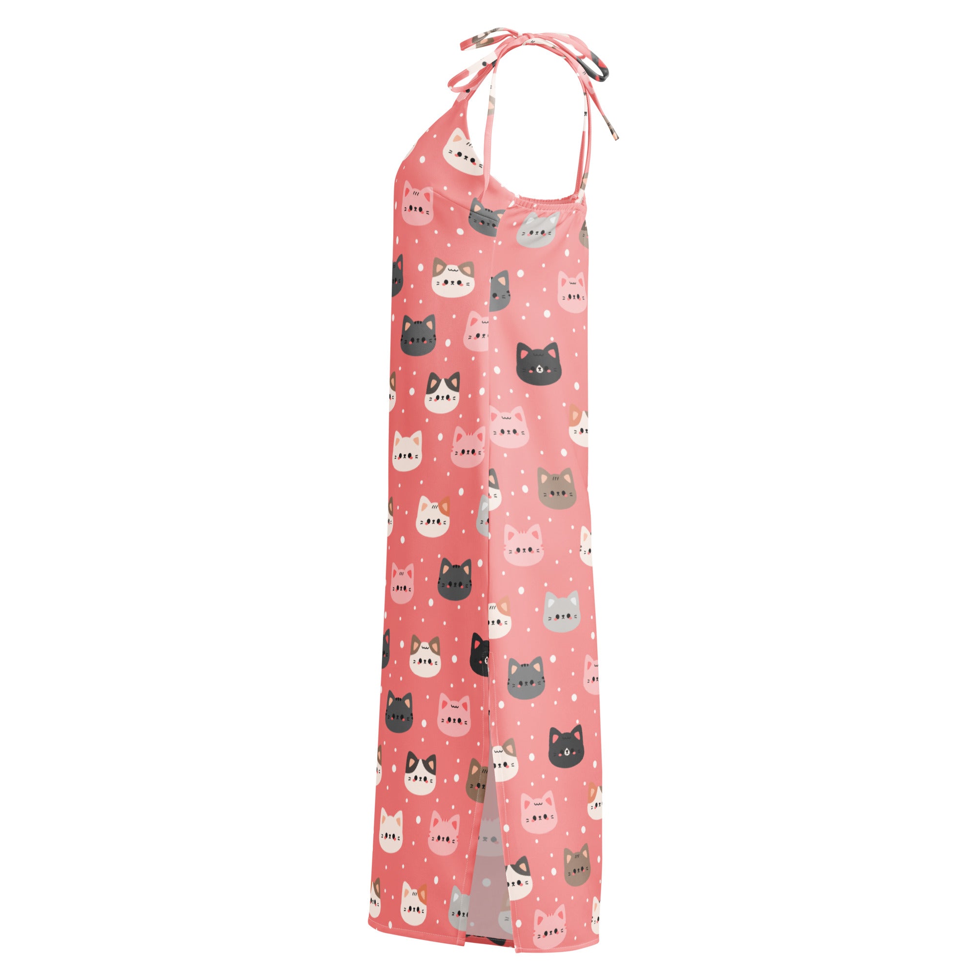 Women’s pink halter-neck maxi dress with adjustable tie straps featuring colorful cartoon cat patterns