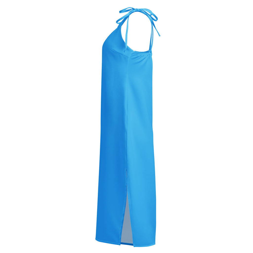 Women's sky blue slip dress, midi length with adjustable halter tie straps and built-in bra