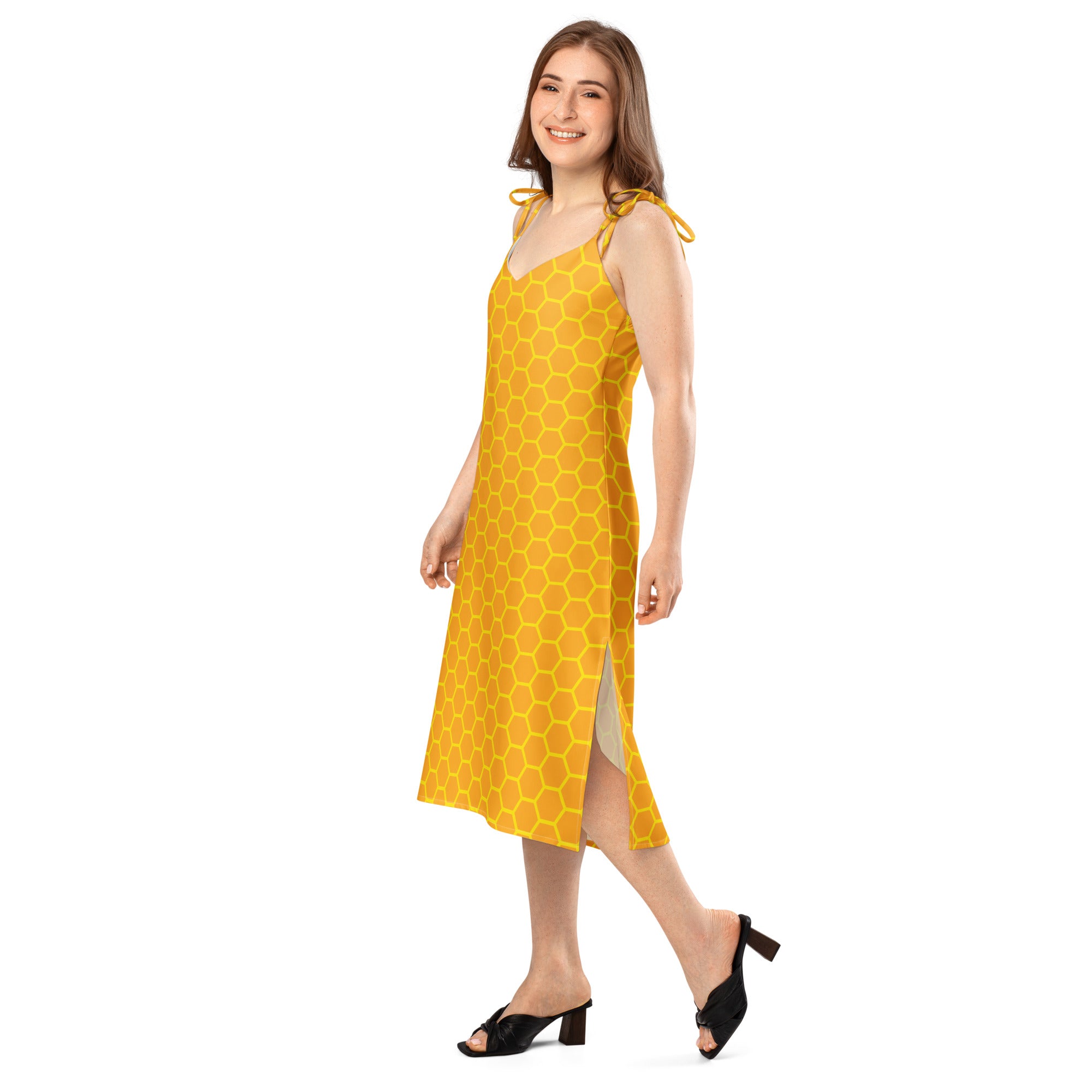 Yellow honeycomb-patterned sleeveless midi dress with adjustable tie straps side slit perfect for casual wear