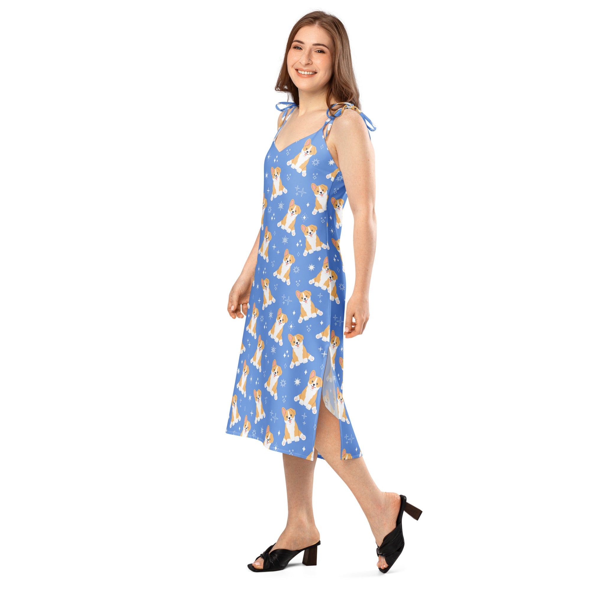 Women’s blue corgi dog slip dress midi with playful cartoon corgi and snowflake pattern and adjustable tie straps