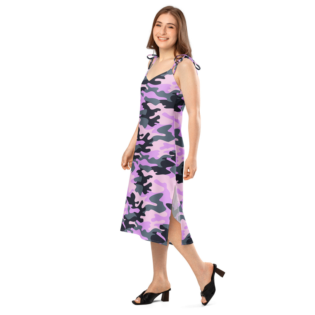 Women’s purple camouflage slip dress midi with adjustable tie-back straps in lavender and dark gray pattern