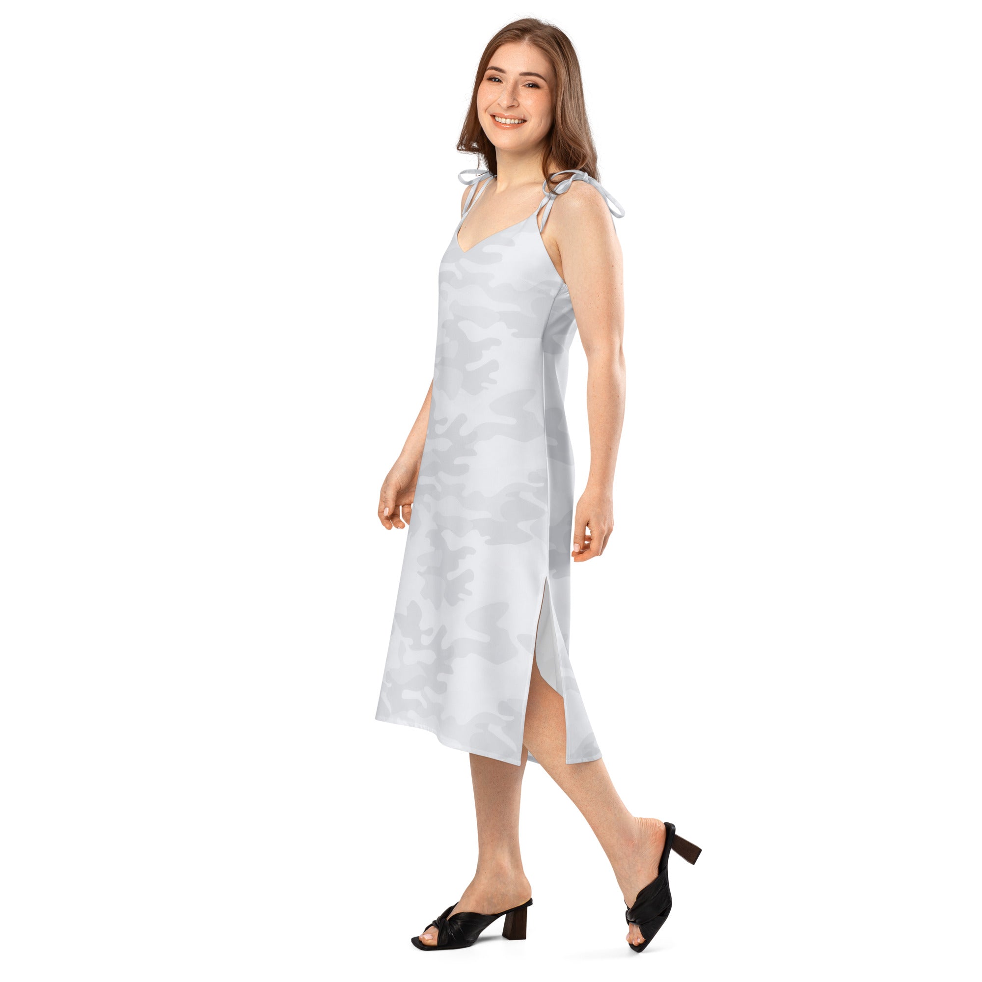 A light gray camouflage sleeveless midi slip dress with adjustable tie straps and a side slit for women