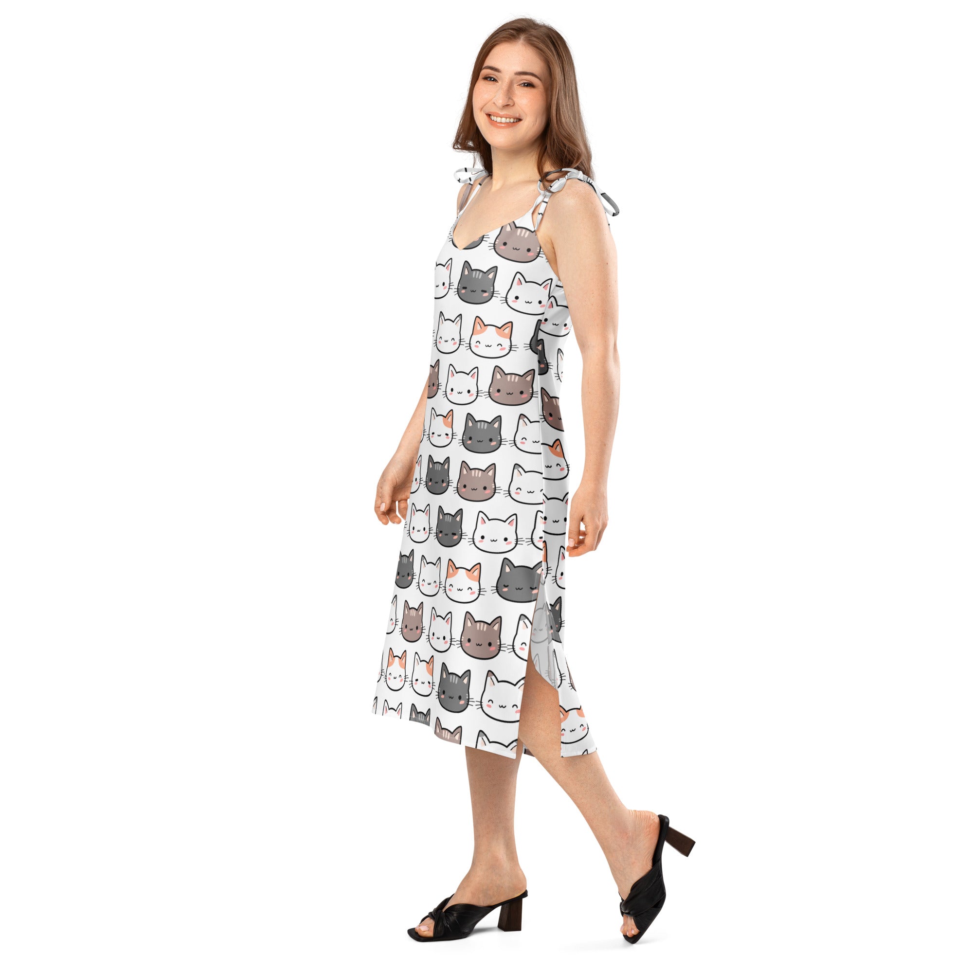 White sleeveless midi slip dress with colorful cartoon cat faces and adjustable tie straps for women with built in bra