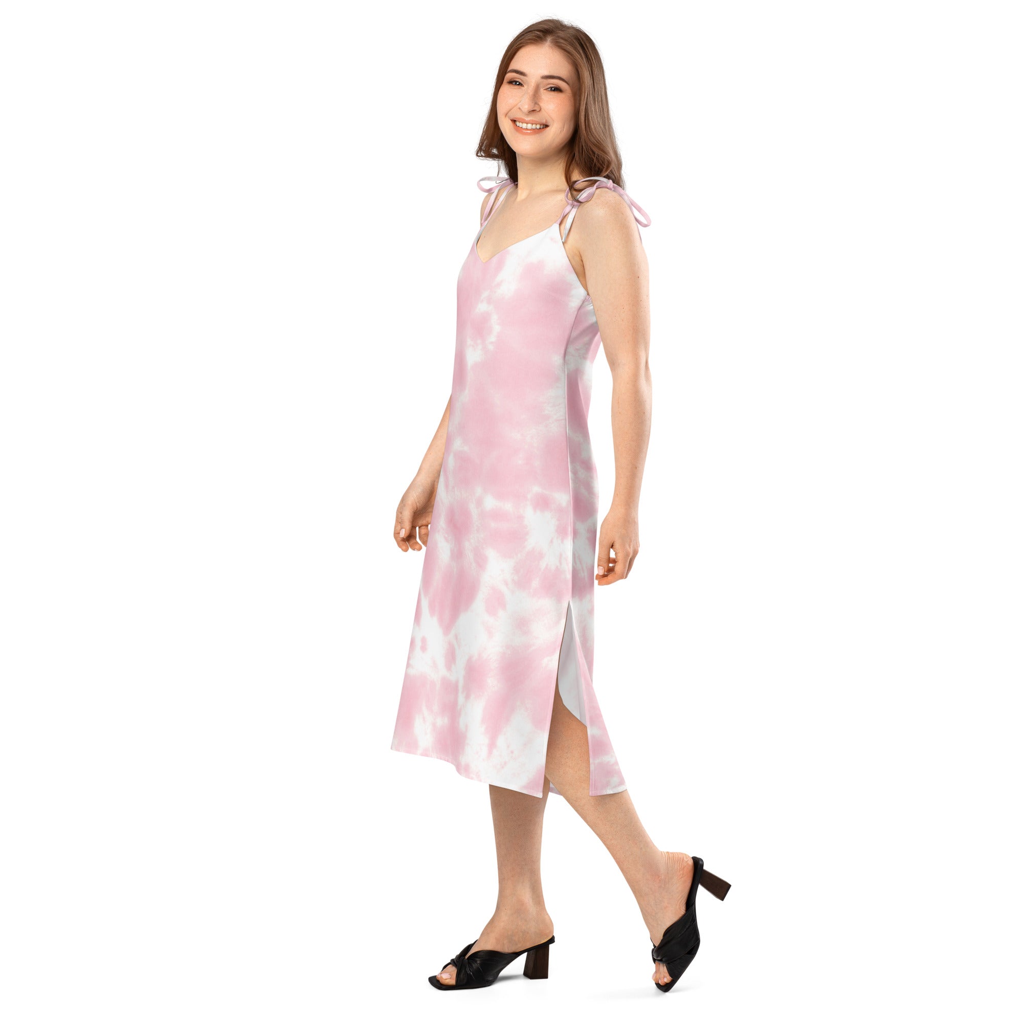 Women’s pink and white tie dye midi slip dress with thin adjustable tie shoulder straps and built in bra