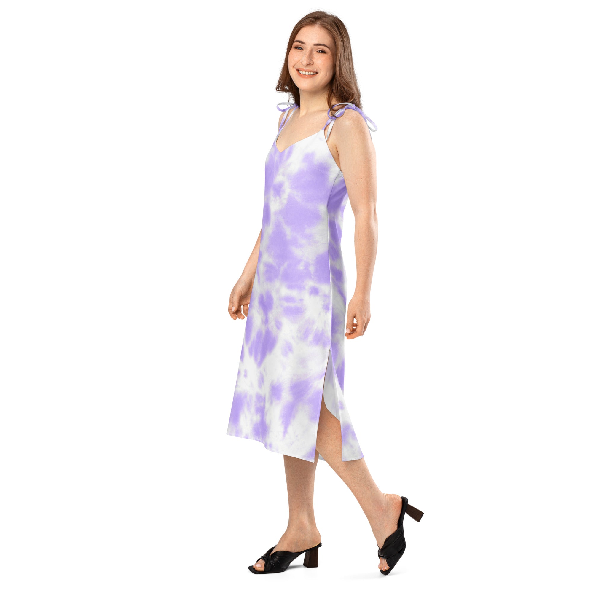 Women’s purple and white tie dye midi slip dress with thin adjustable tie shoulder straps and built in bra
