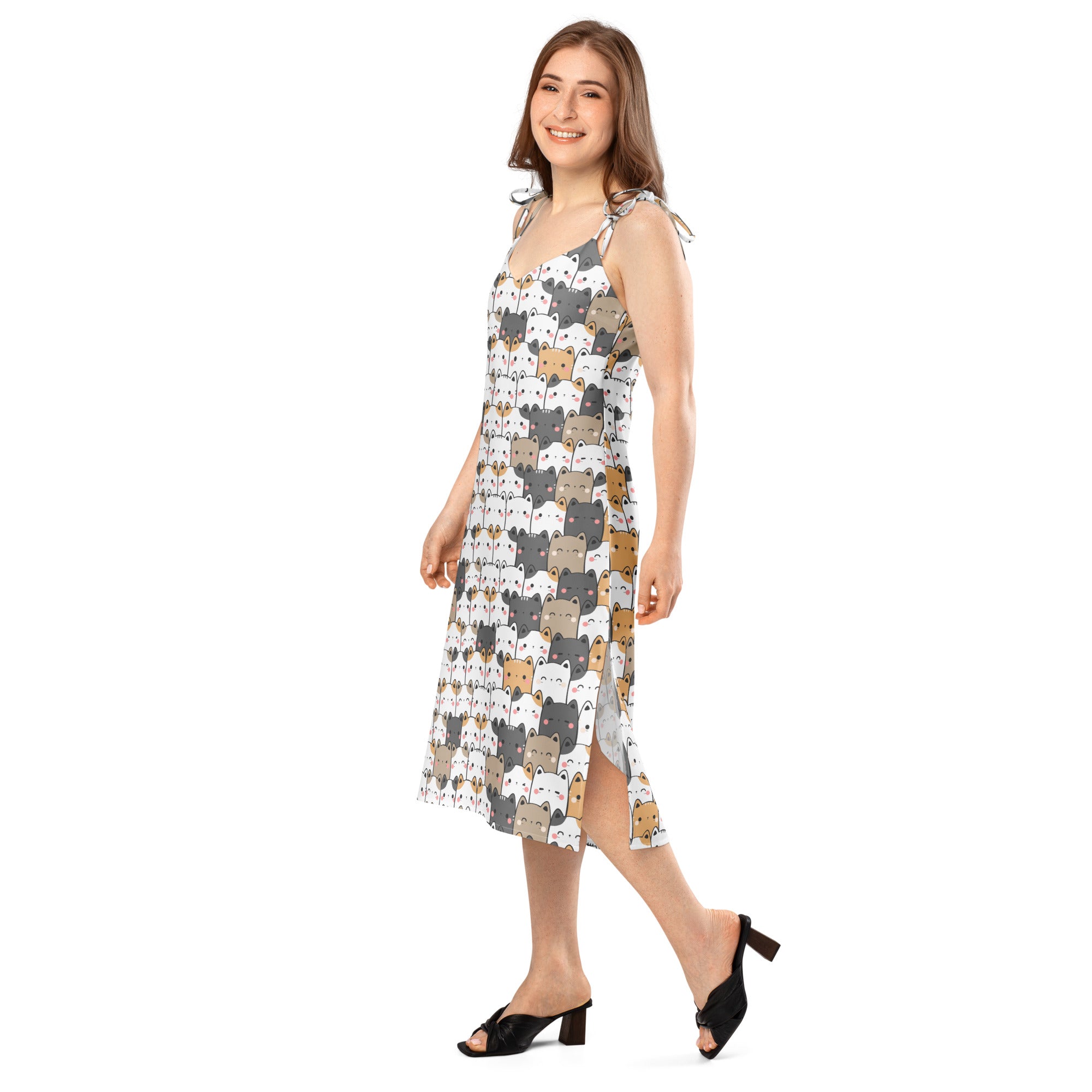 Women’s kawaii cat slip midi dress with adjustable tie straps built in bra featuring colorful cartoon cats on light fabric