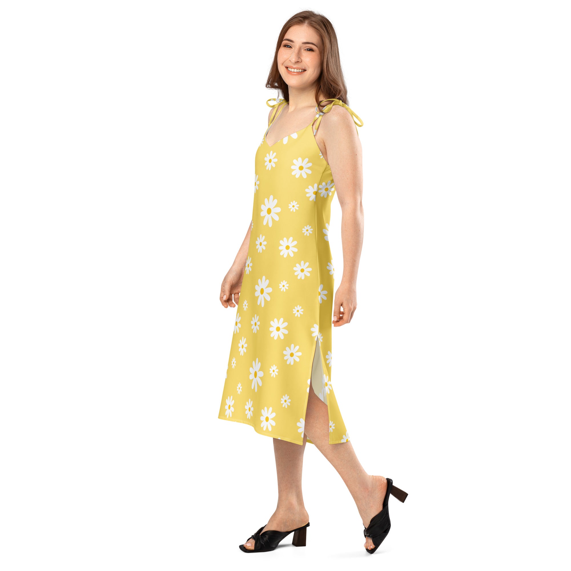 Women’s yellow daisy slip dress midi with adjustable tie straps and built-in bra in lightweight fabric