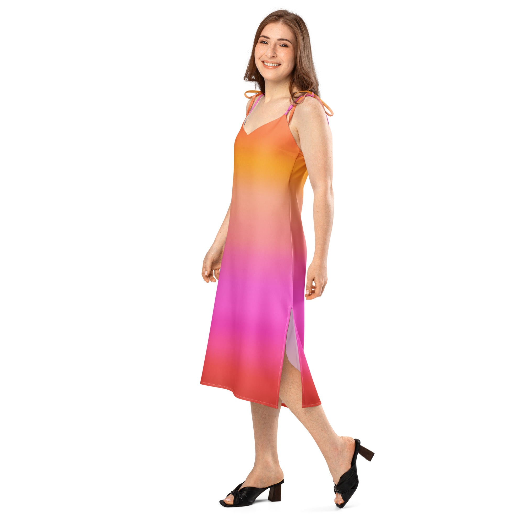 Women’s sunset ombre slip dress midi with adjustable tie straps flowing silhouette and side slit