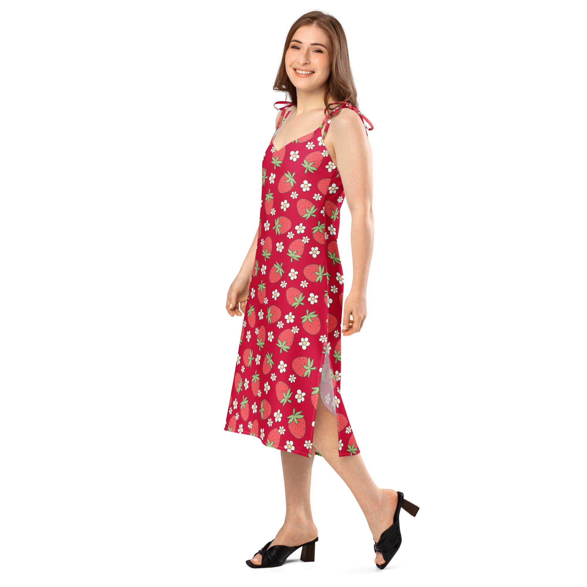 Women’s red strawberry slip midi dress with white flower print adjustable tie straps and built-in bra