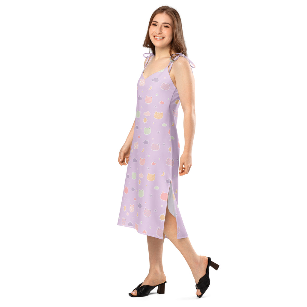 Women’s pastel purple kawaii cats and clouds midi slip dress with adjustable tie straps and side slit