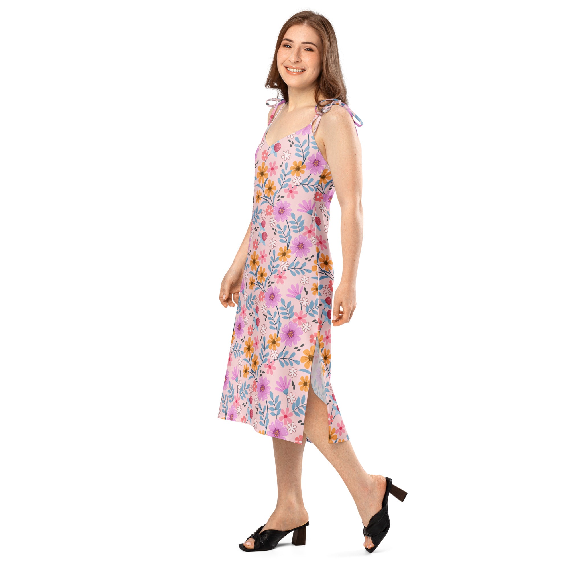 Women’s pink floral slip dress midi dress with adjustable tie straps side slit and built in bra