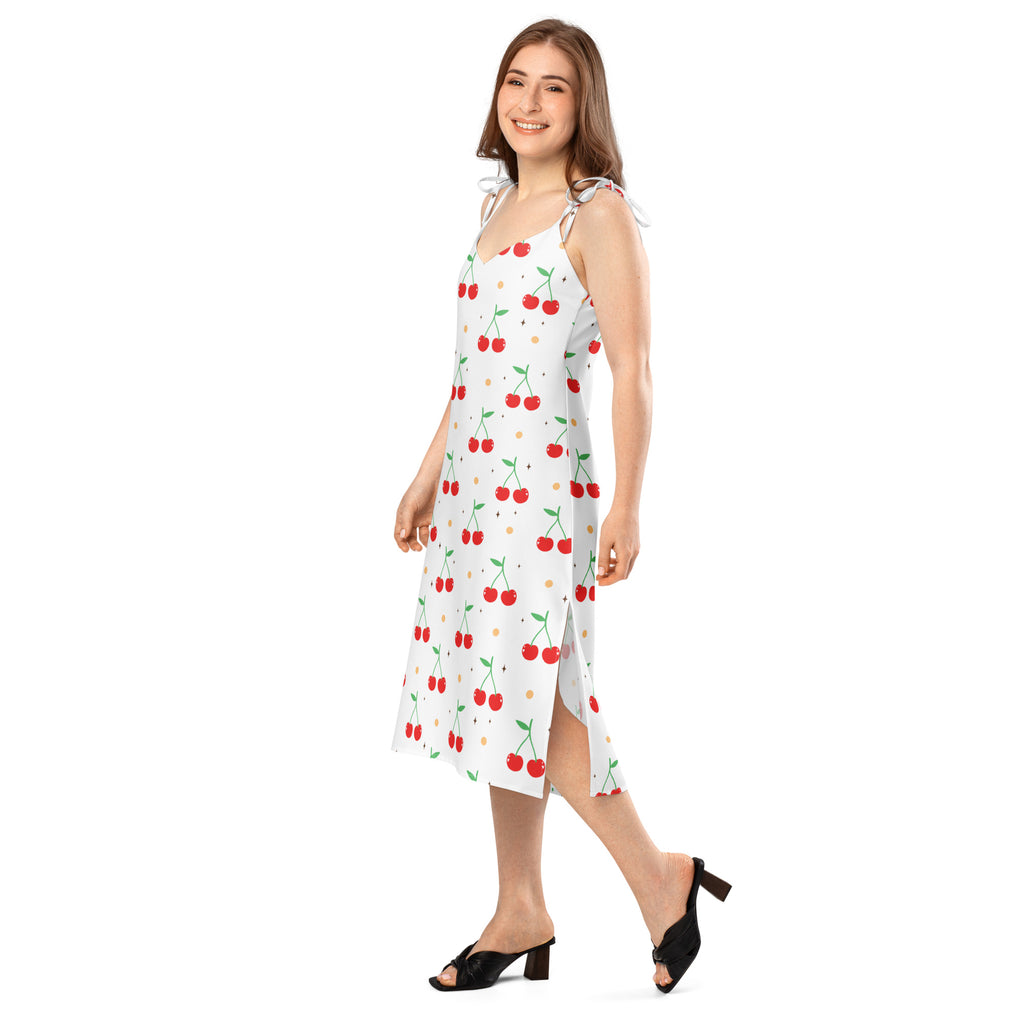 White cherry print slip dress midi with red cherries green stems thin adjustable tie straps and built in bra