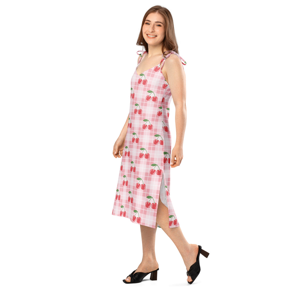 Women’s pink cherry gingham slip midi dress with adjustable tie straps and built in bra featuring red cherries