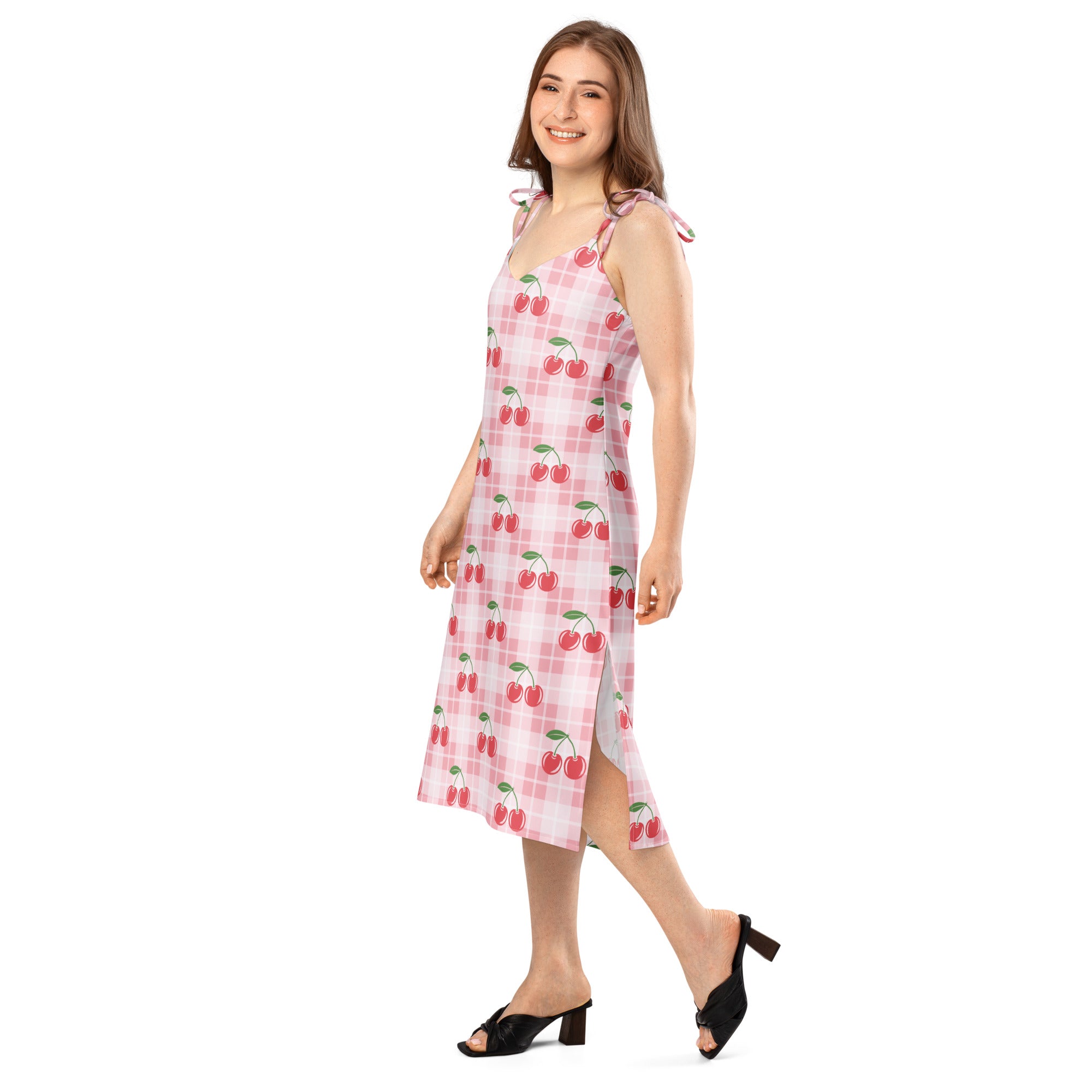 Women’s pink cherry gingham slip midi dress with adjustable tie straps and built in bra featuring red cherries