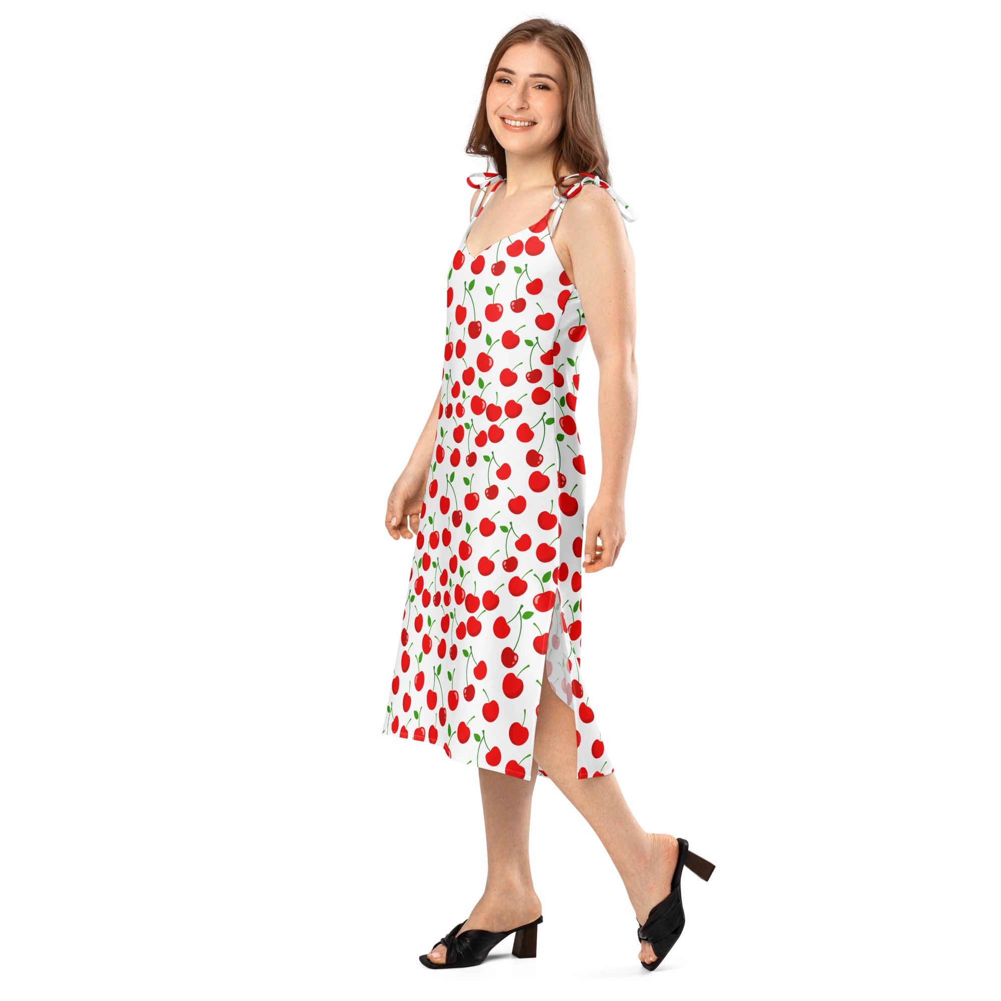 White cherry print midi slip dress with red fruit green stems adjustable tie straps and side slit for women
