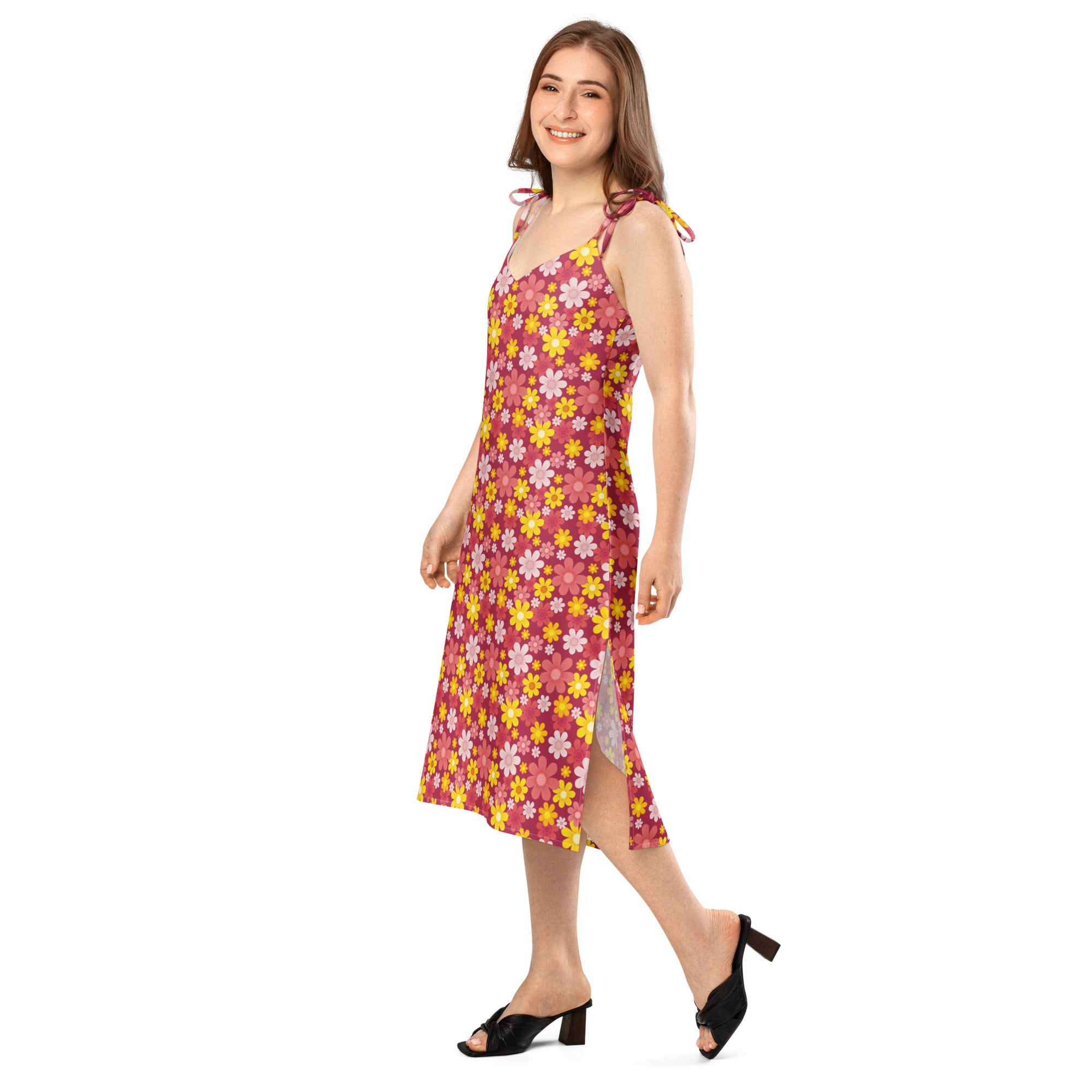 Women’s red floral slip midi dress with adjustable tie straps yellow white blossoms and side slit