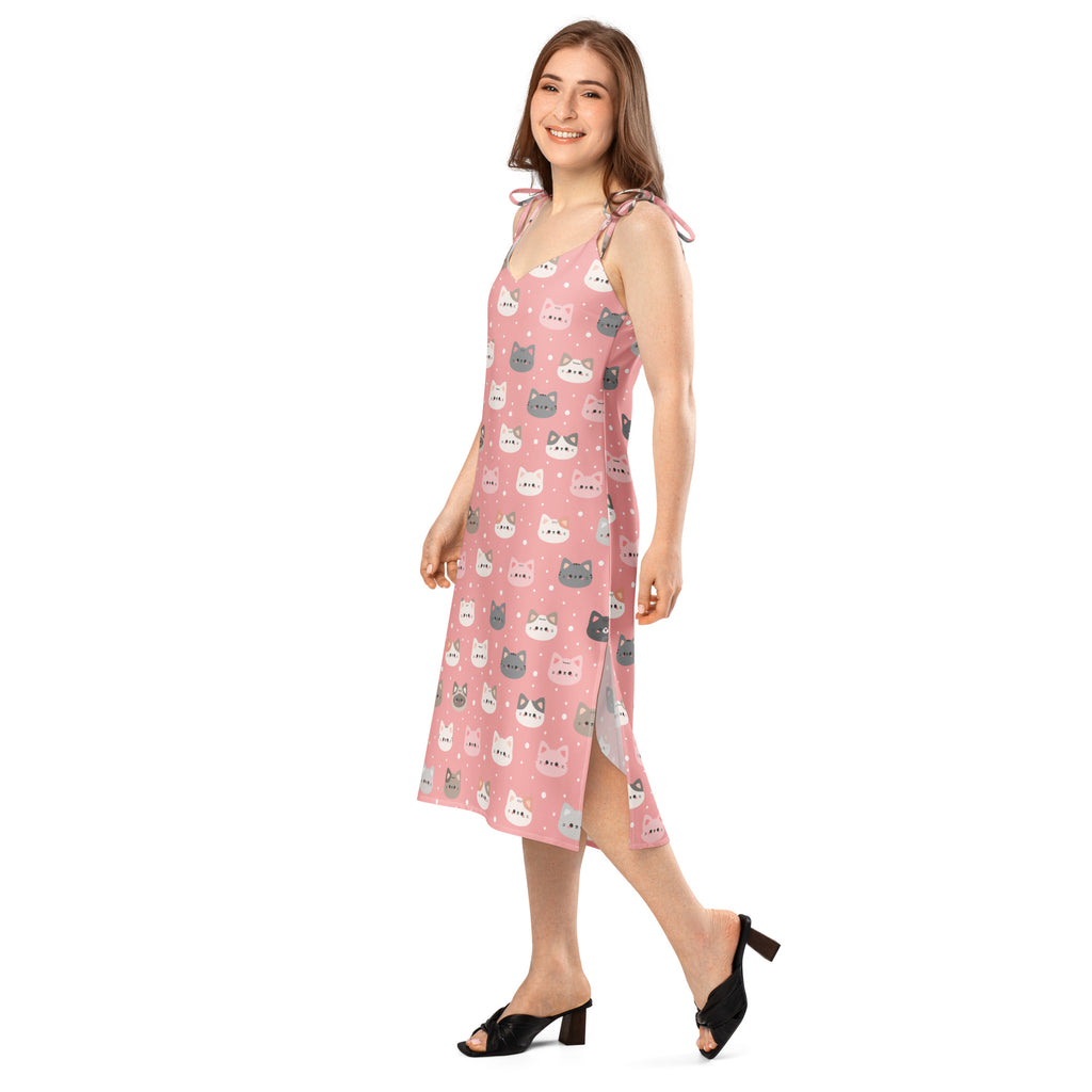 Women’s pink cat slip dress midi dress with adjustable tie straps playful cartoon cat pattern side slit