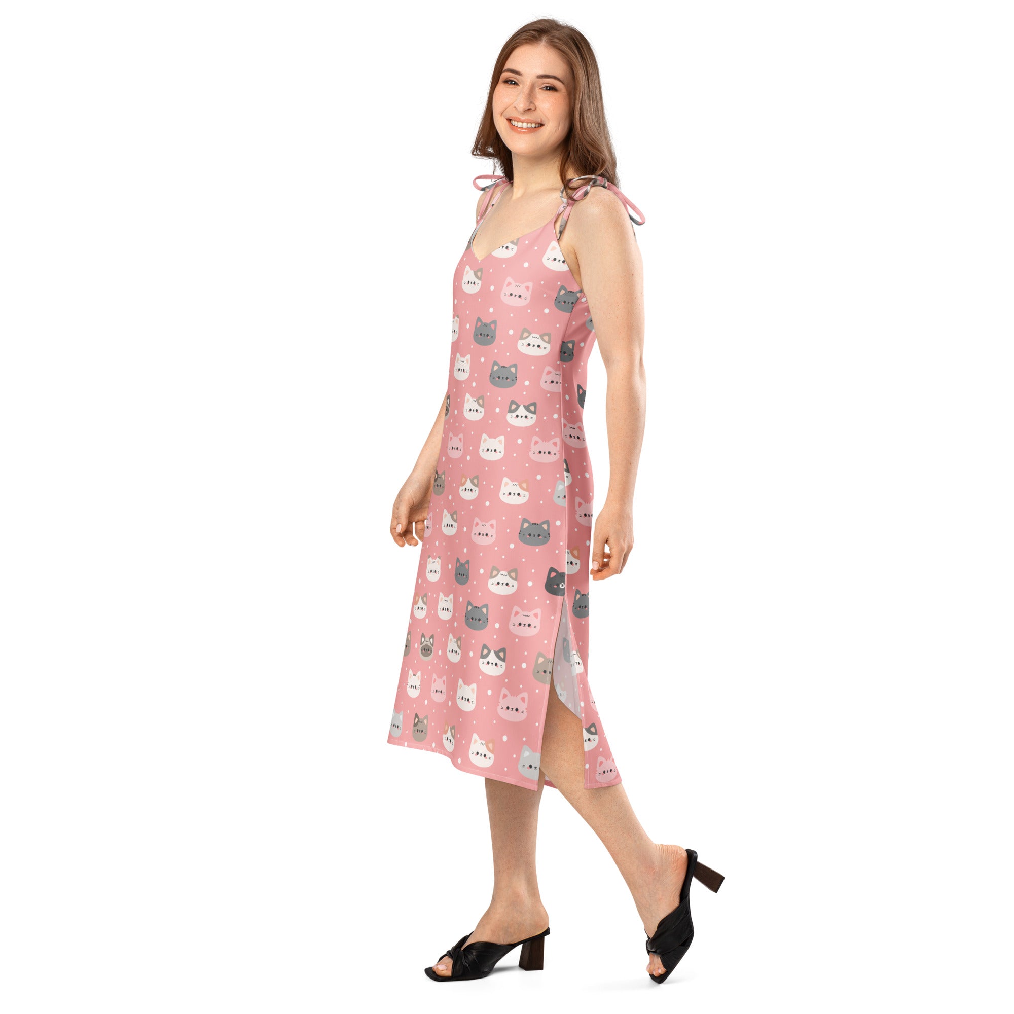 Women’s pink cat slip dress midi dress with adjustable tie straps playful cartoon cat pattern side slit