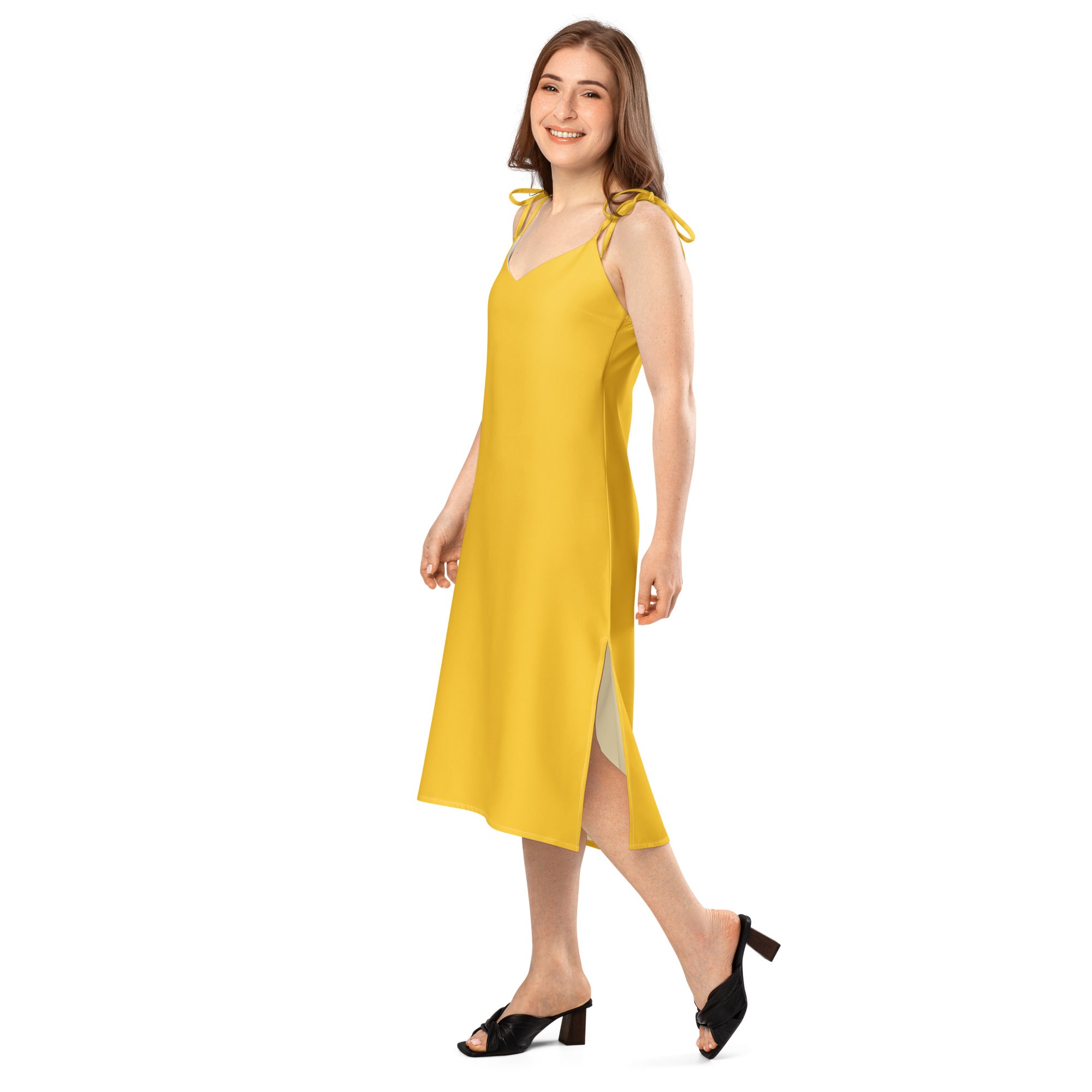 Bouvelle women's yellow slip dress, midi length with adjustable tie straps and built-in bra