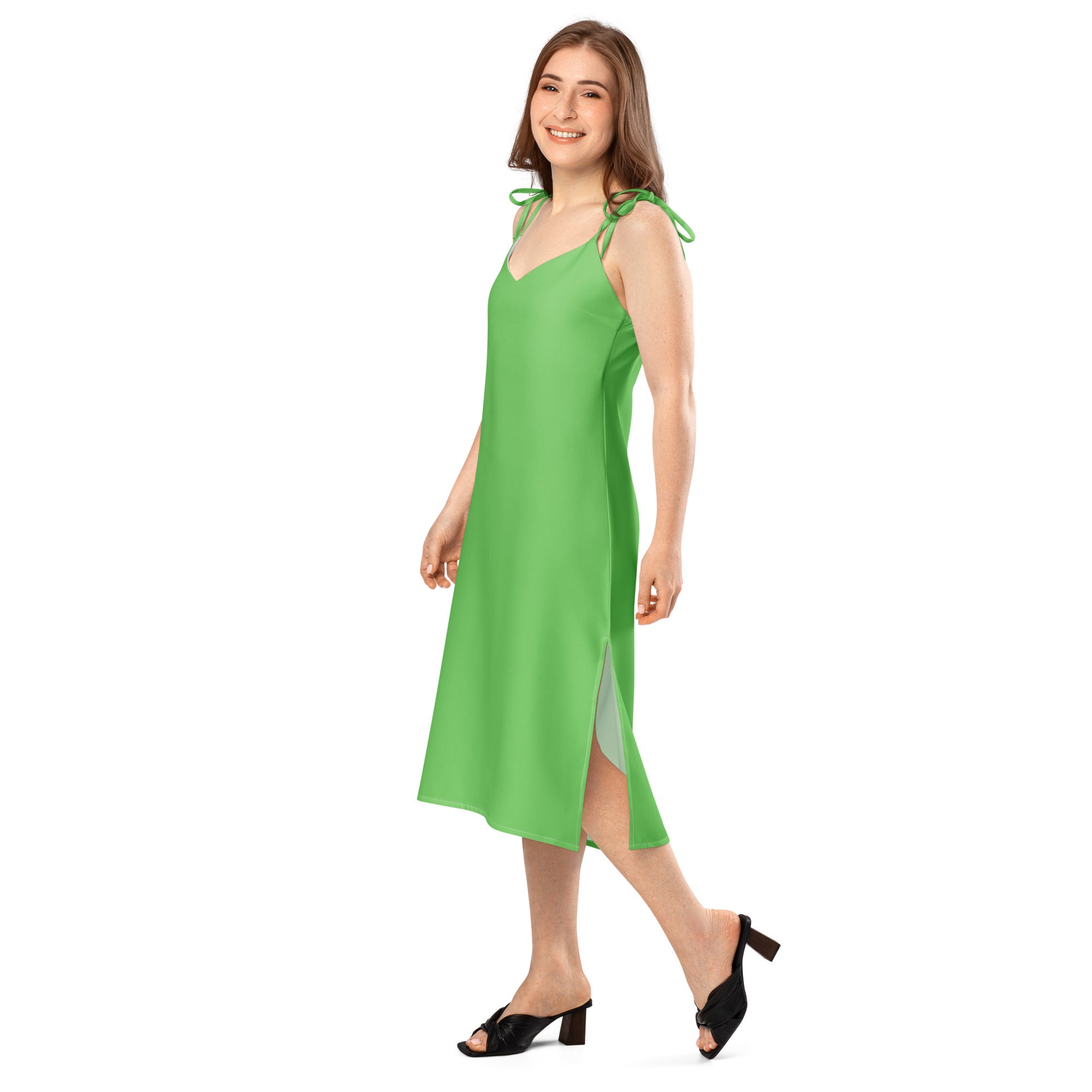 Womens Bouvelle green slip dress midi with adjustable tie straps and built-in bra, side slit.