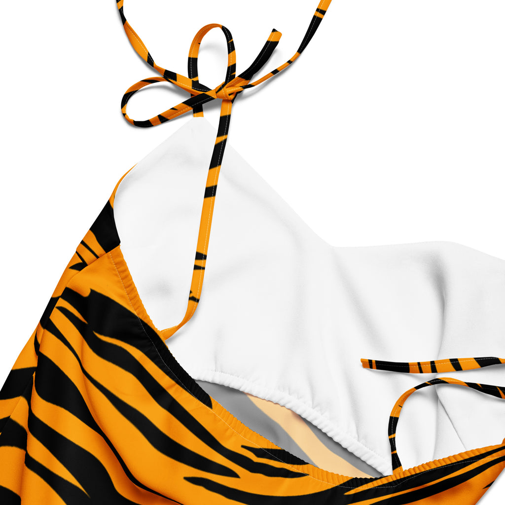 Women’s tiger stripe slip midi dress with vibrant orange and black halter top bikini and white underlayer