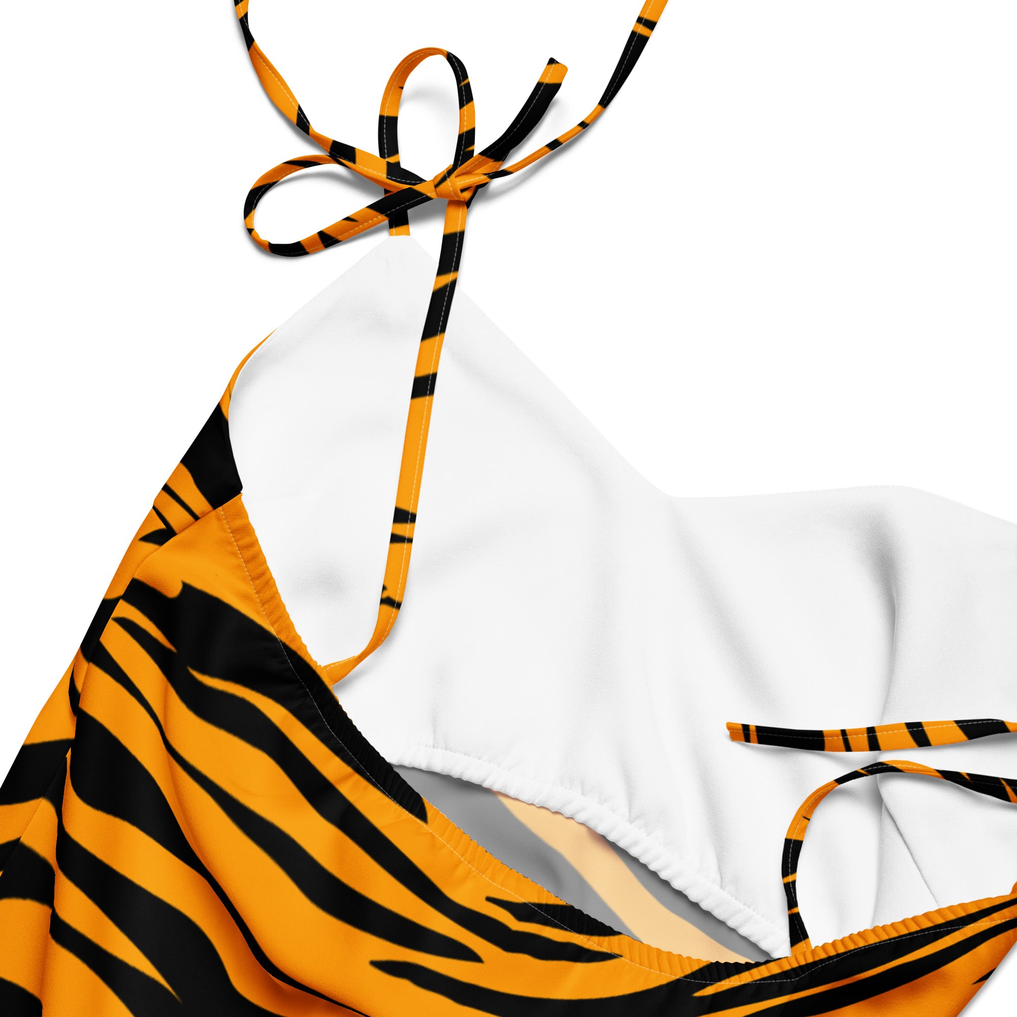 Women’s tiger stripe slip midi dress with vibrant orange and black halter top bikini and white underlayer