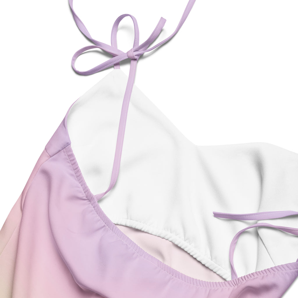 Women’s pastel rainbow slip dress midi with adjustable tie straps and built in bra featuring a two toned white and lavender bikini top