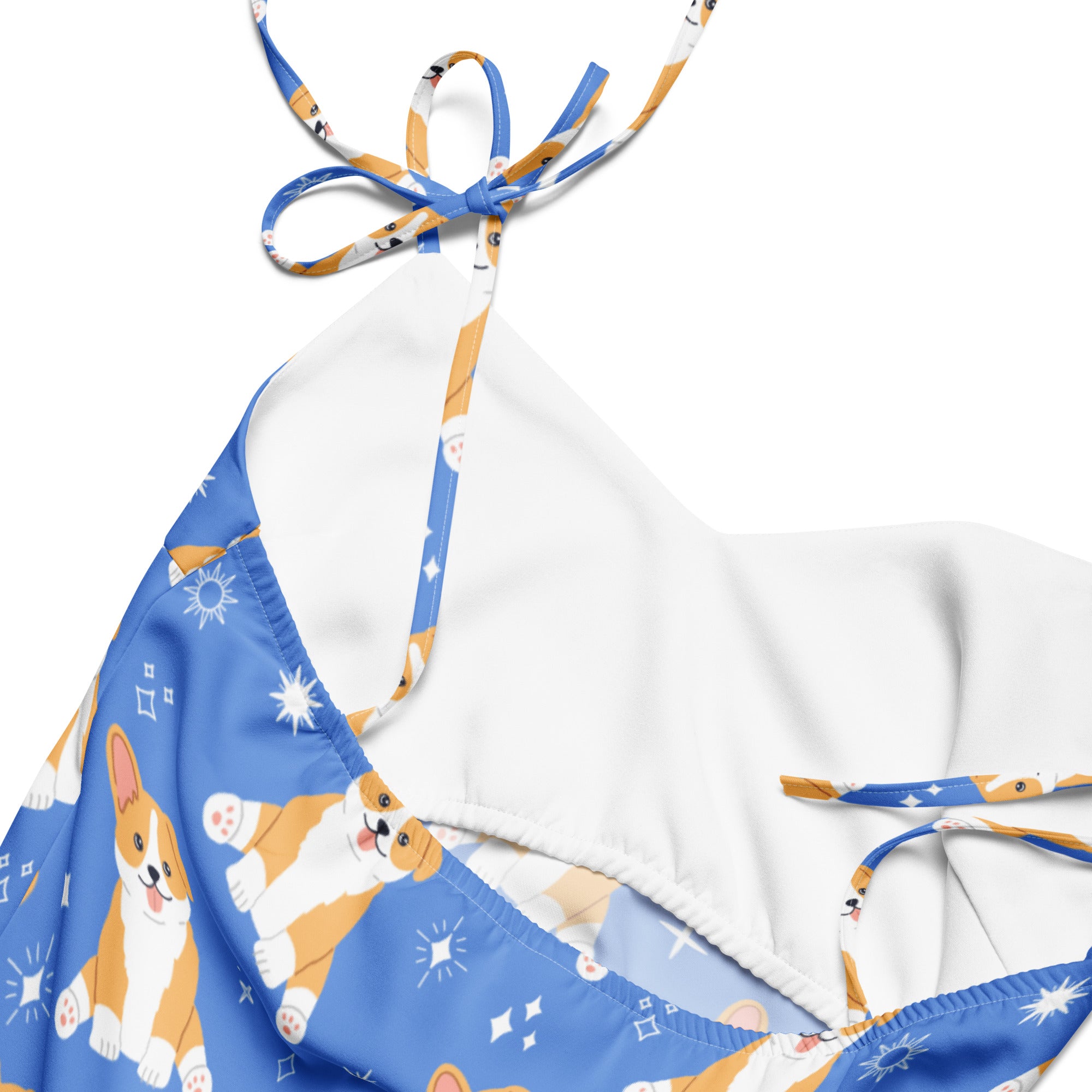 Women’s blue and white corgi-themed halter top bikini with playful cartoon prints on stretchy fabric