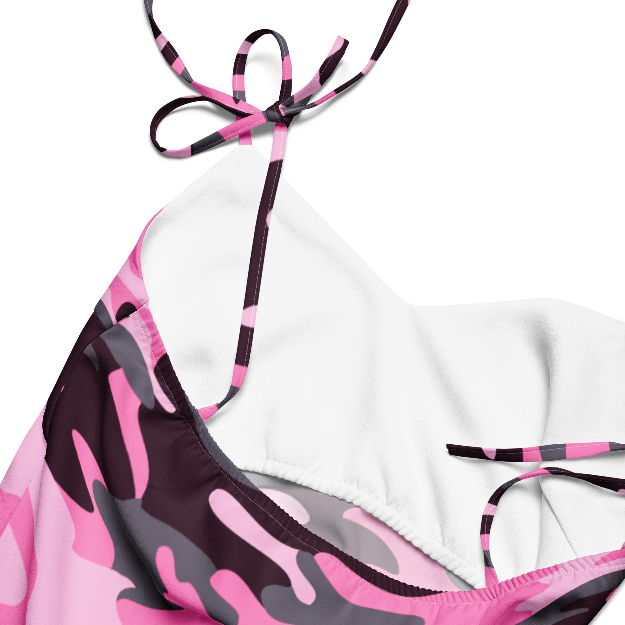 Women’s pink black and gray camouflage halter top with adjustable striped tie straps and built in bra