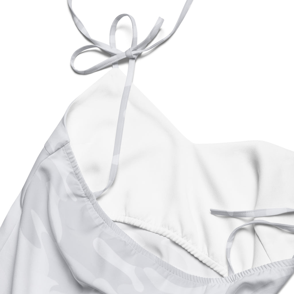 Women’s white camouflage midi slip dress with satin halter top and delicate gray ribbon tie straps and built in bra