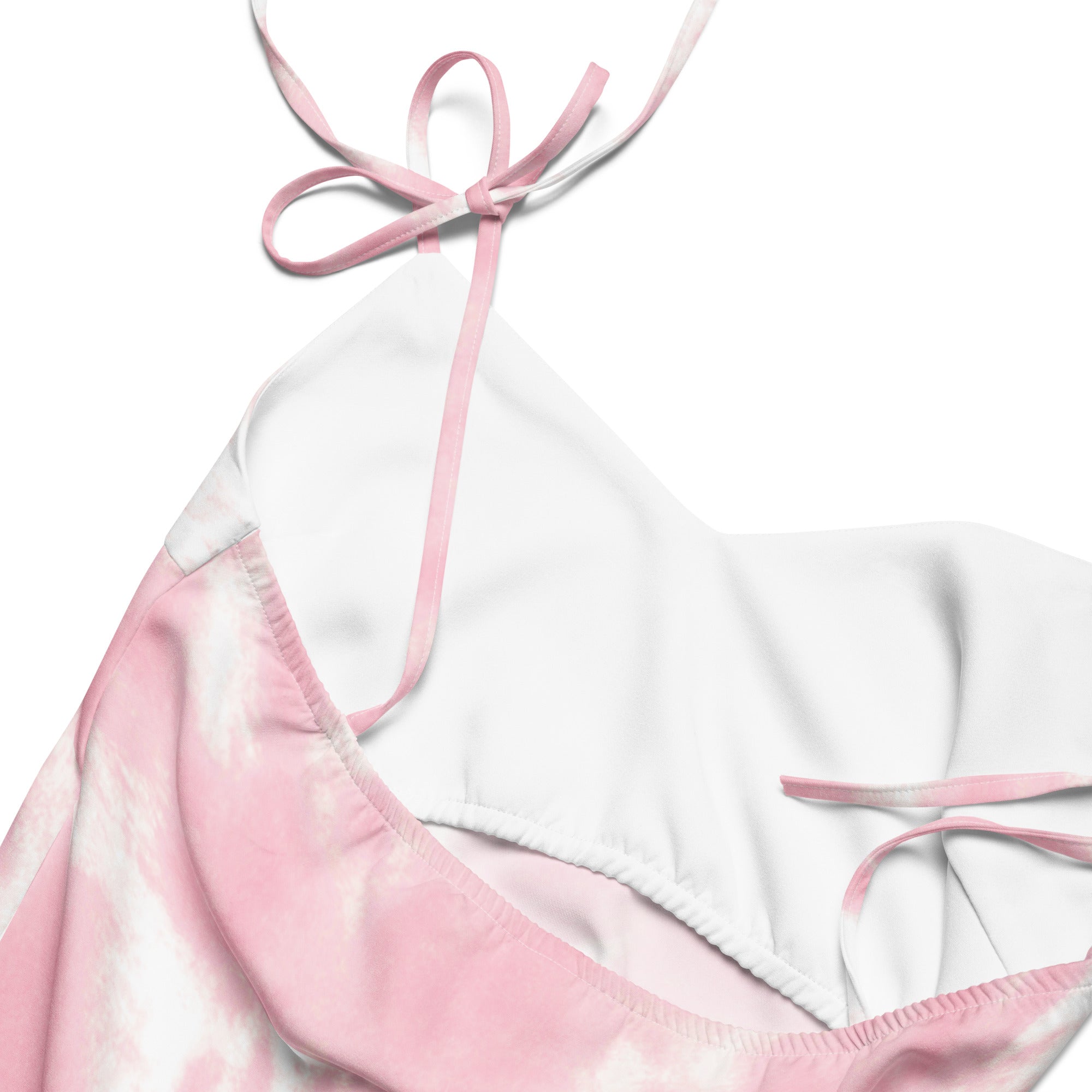 A white and pink tie-dye bikini top with delicate pink ribbon ties for womens pink tie dye slip dress midi dress