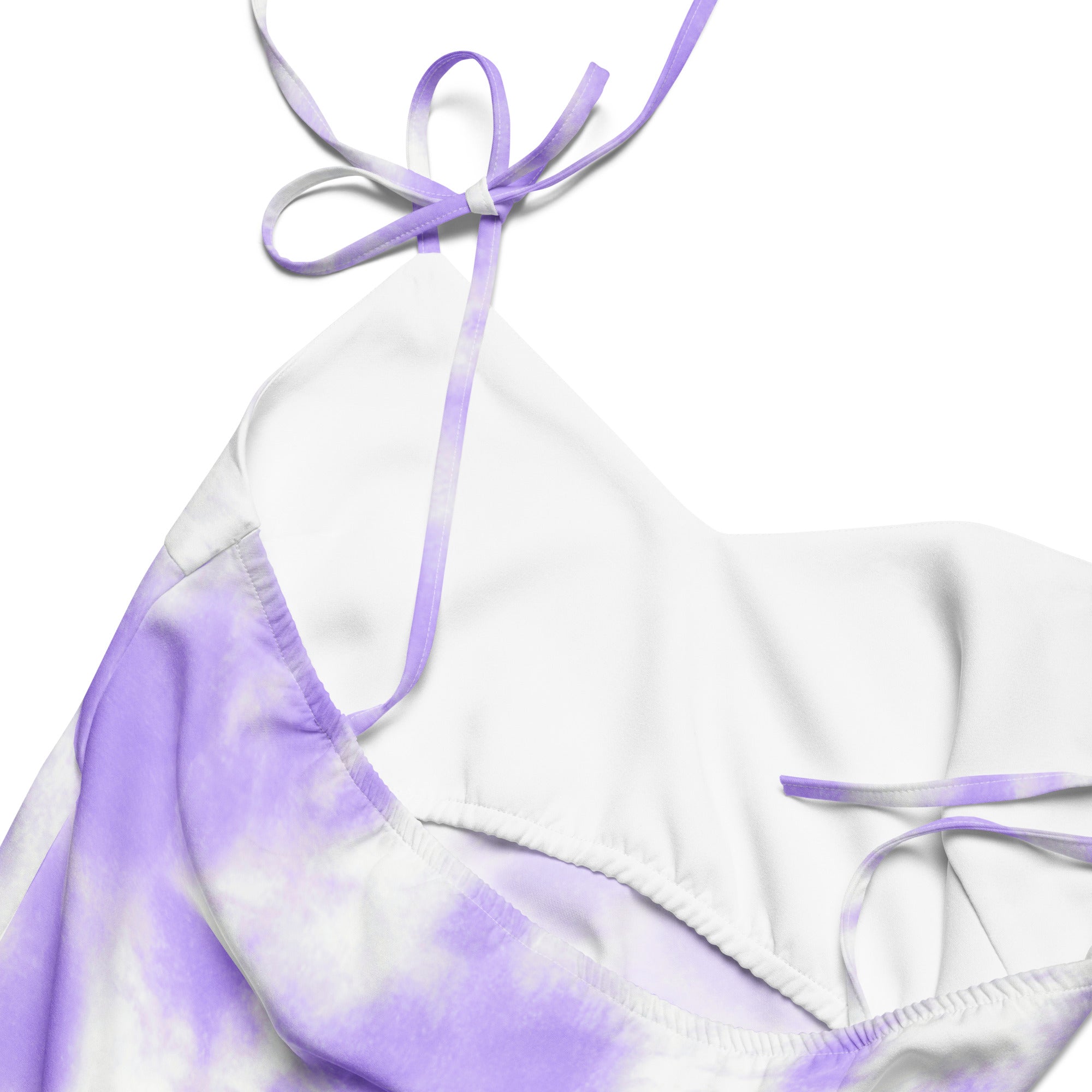 Women’s purple tie dye slip dress midi with adjustable tie straps and built in bra featuring white and lavender tie dye bikini top